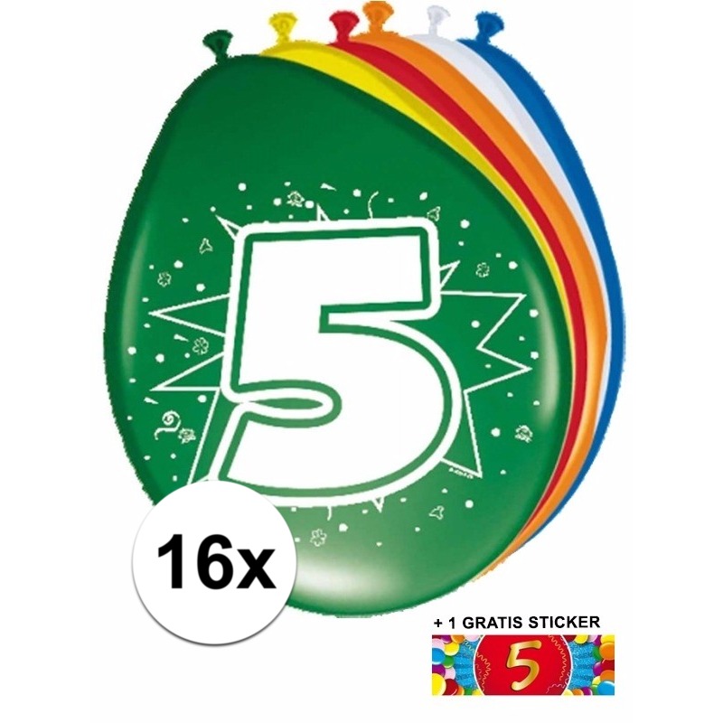 Ballonnen 5 jaar van 30 cm 16 stuks + gratis sticker