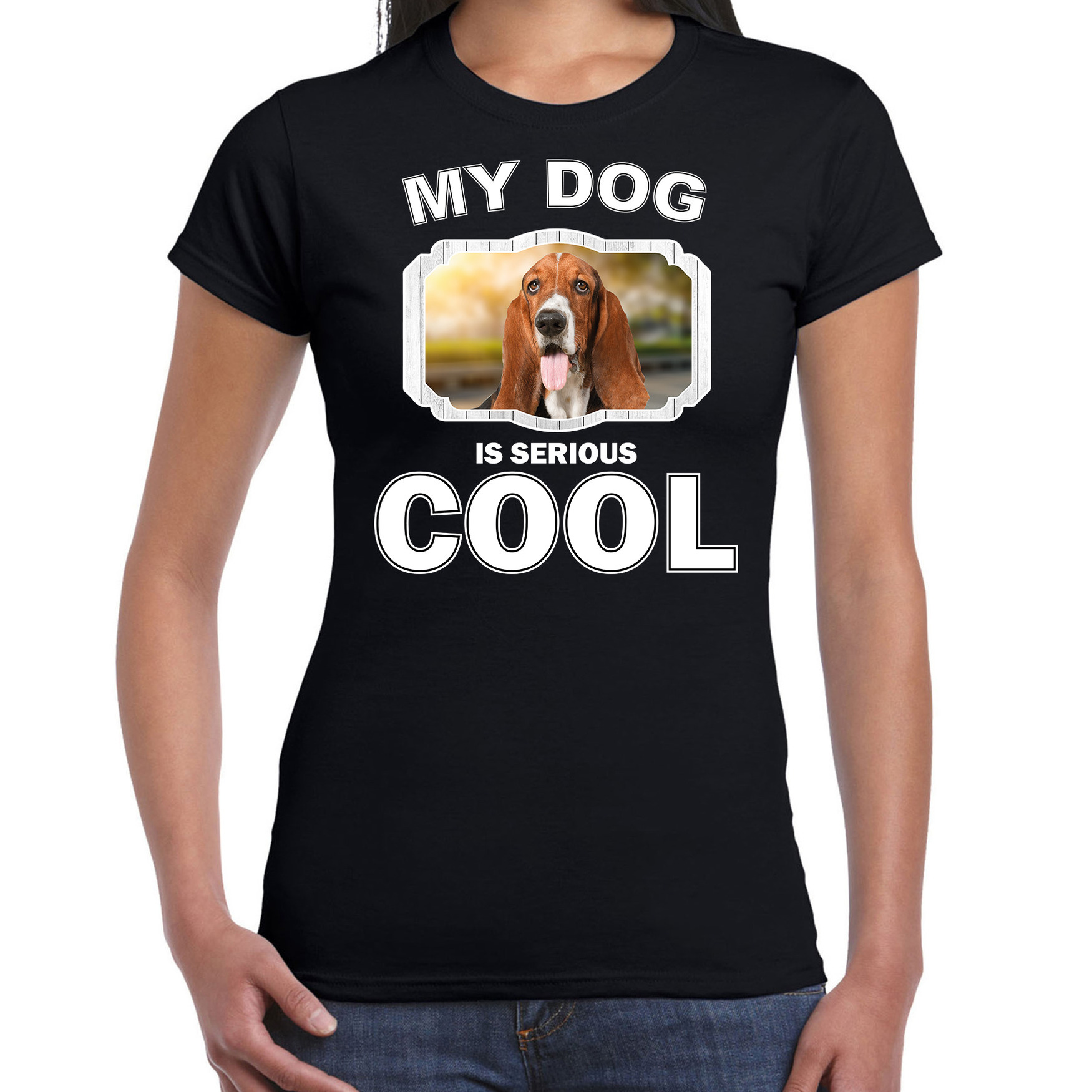 Basset honden t-shirt my dog is serious cool zwart voor dames