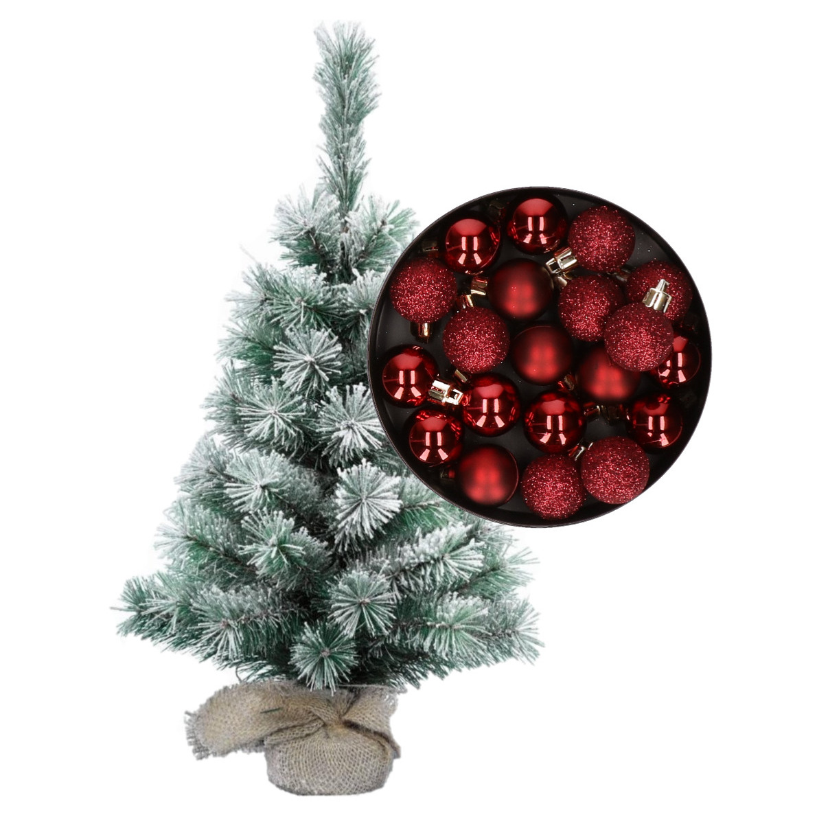 Besneeuwde mini kerstboom-kunst kerstboom 35 cm met kerstballen donkerrood