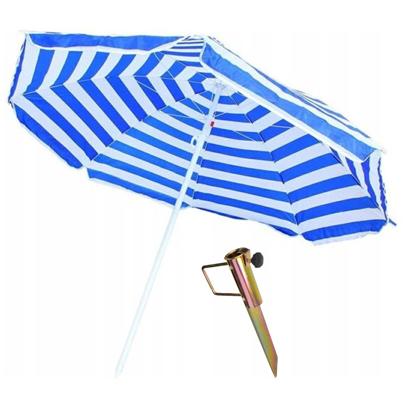Blauw-wit gestreepte strand-camping parasol 165 cm met grondpen-haring