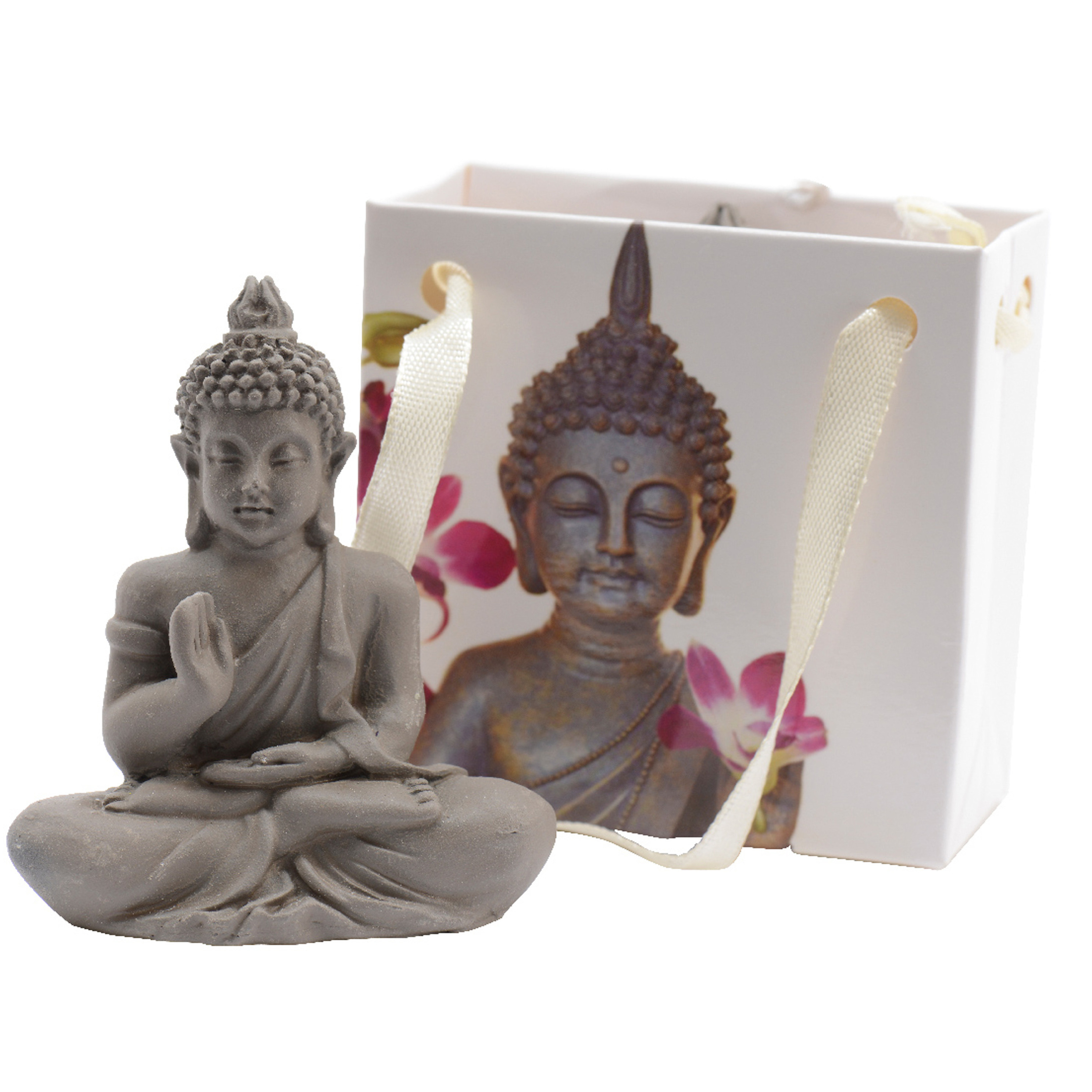 Boeddha beeldje in cadeautas kunststeen grijs 3 x 5 x 5,5 cm