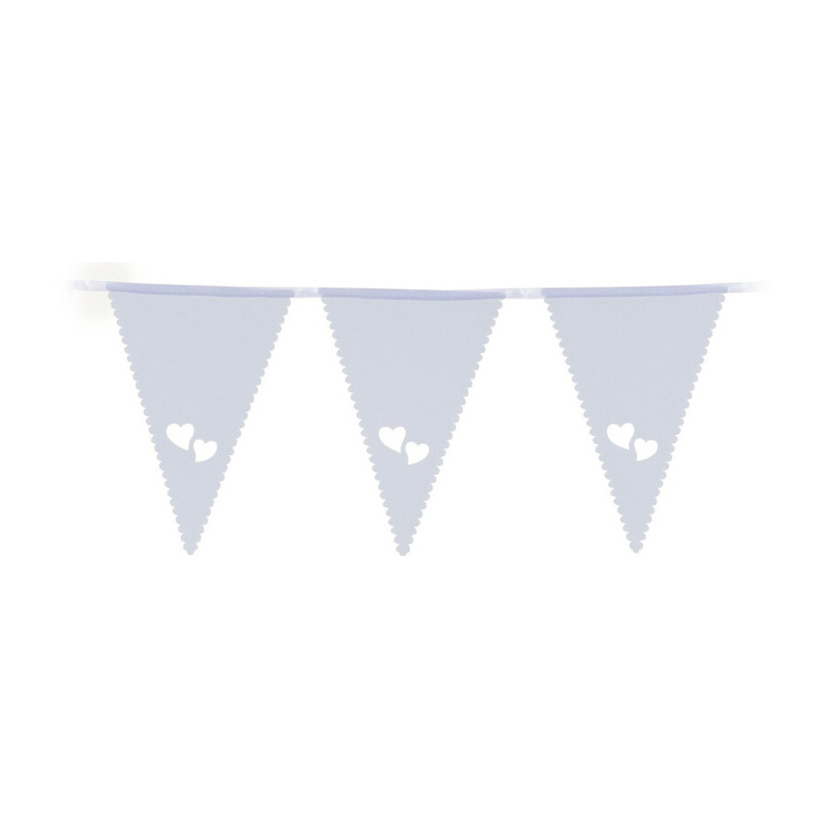 Bruiloft-huwelijk Vlaggenlijn binnen-buiten plastic wit met hartjes 3 m 16 vlaggetjes