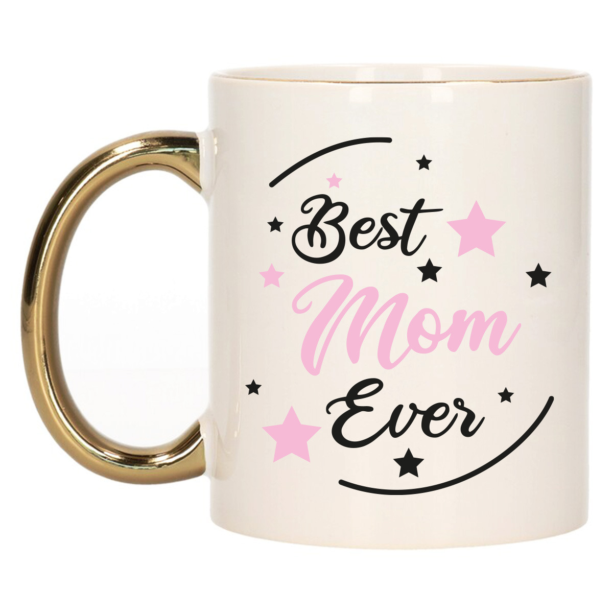 Cadeau koffie-thee mok voor mama roze met gouden oor de beste keramiek Moederdag