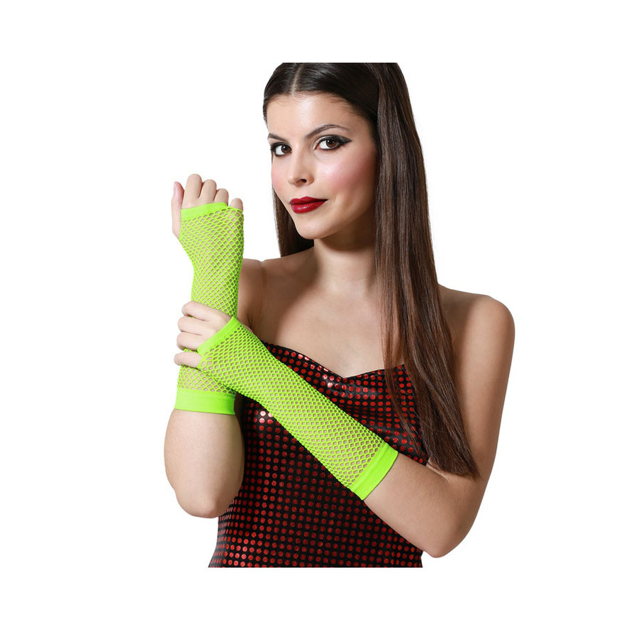 Carnaval verkleed handschoenen visnet stof neon groen vingerloos dames elastiek