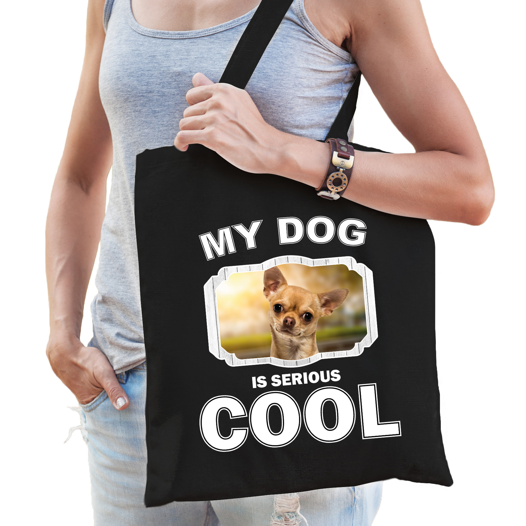 Chihuahua honden tasje zwart volwassenen en kinderen my dog serious is cool kado boodschappentasje