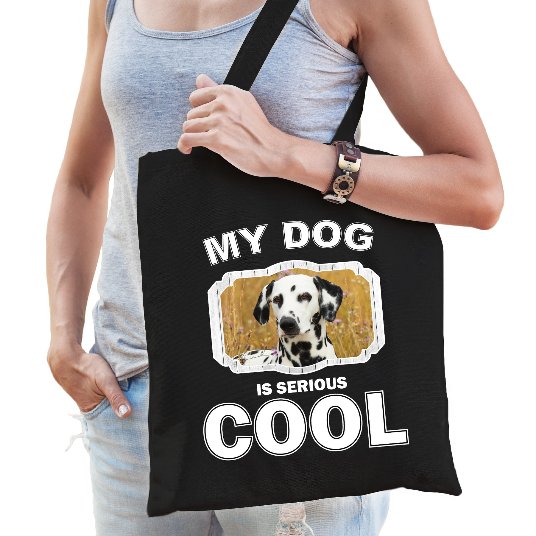 Dalmatier honden tasje zwart volwassenen en kinderen my dog serious is cool kado boodschappentasje