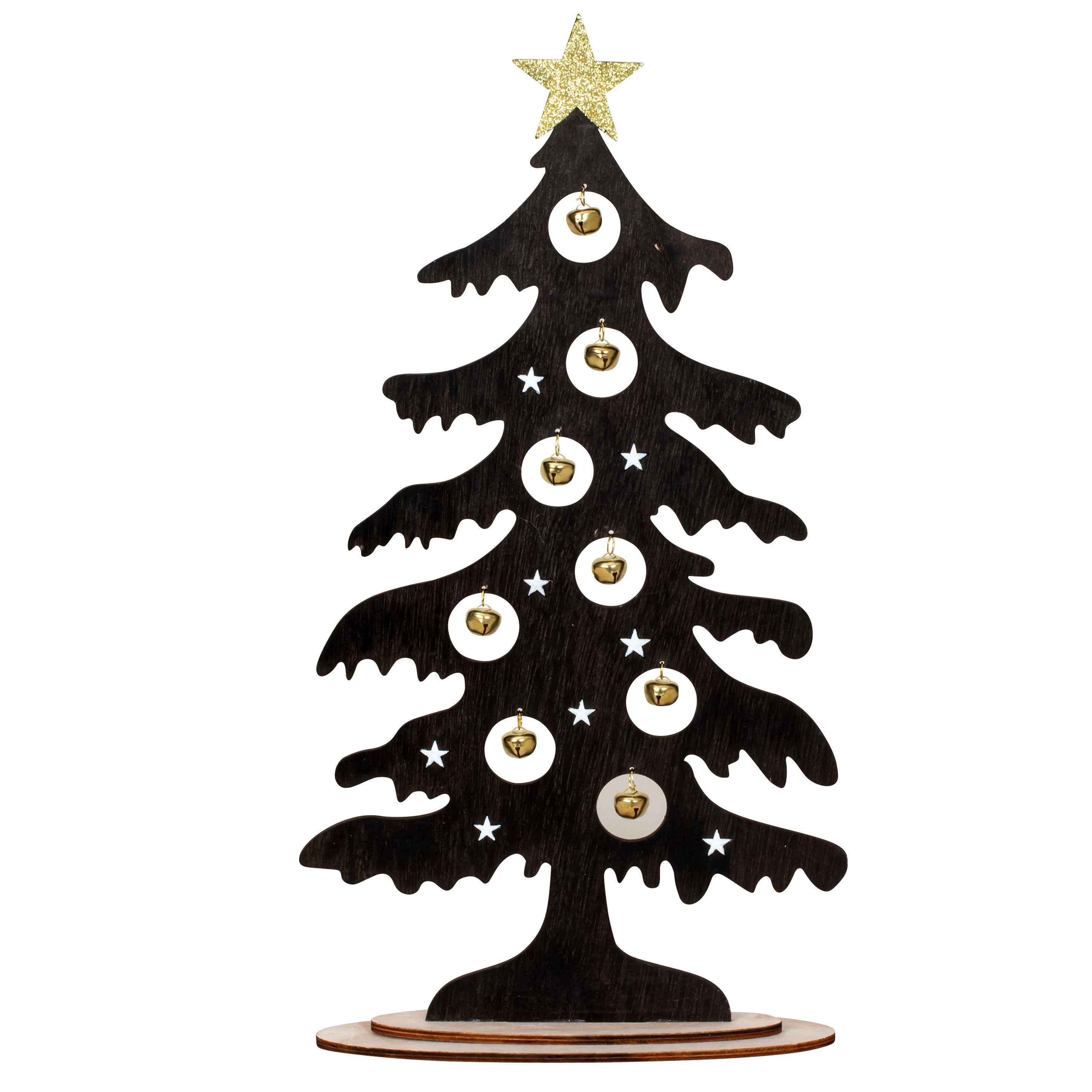 Decoratie kerstboompje zwart hout met gouden belletjes 44,5 cm
