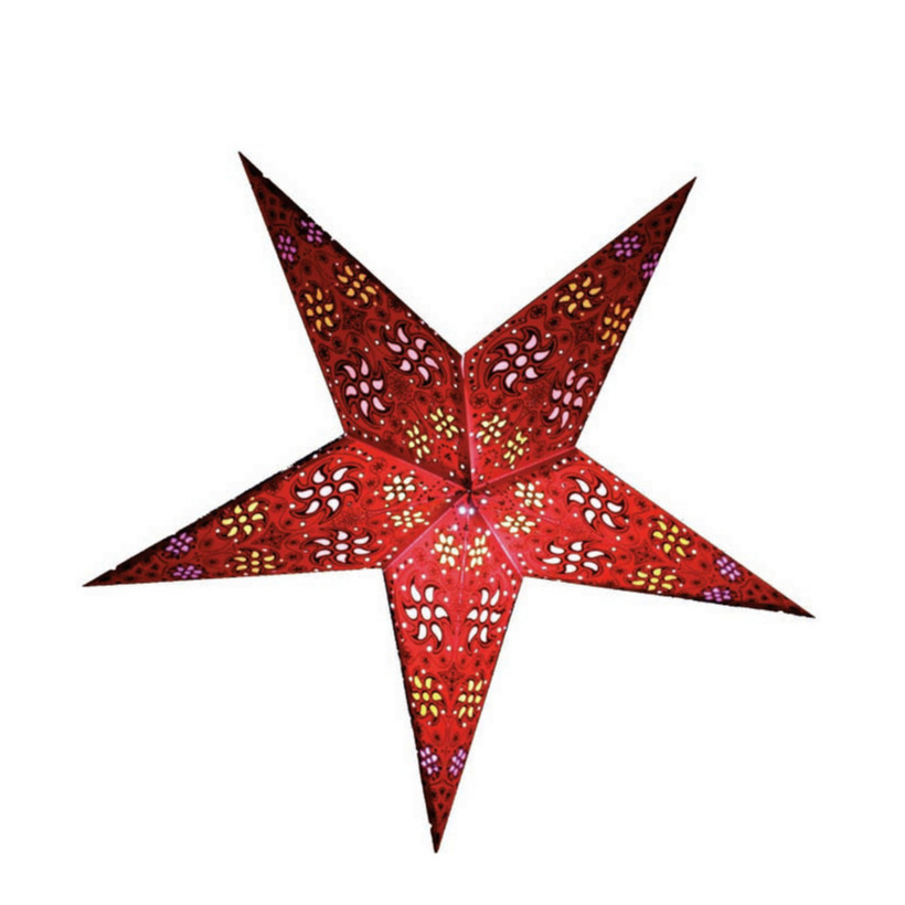 Decoratie kerstster rood 60 cm papier 5 punten glitters