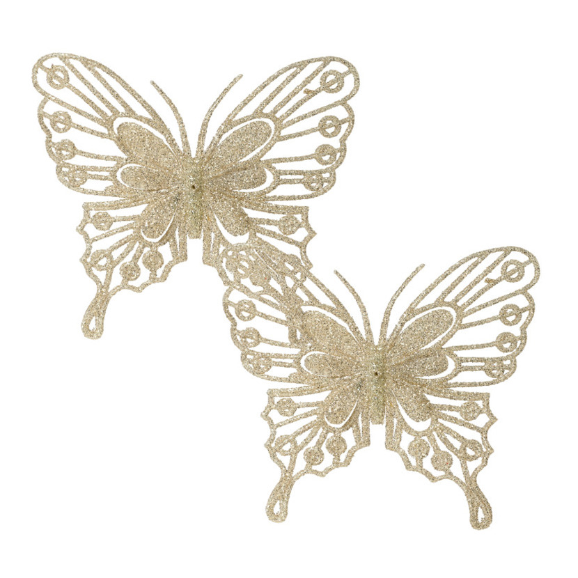 Decoratie vlinders op clip 2x champagne 13 cm glitter