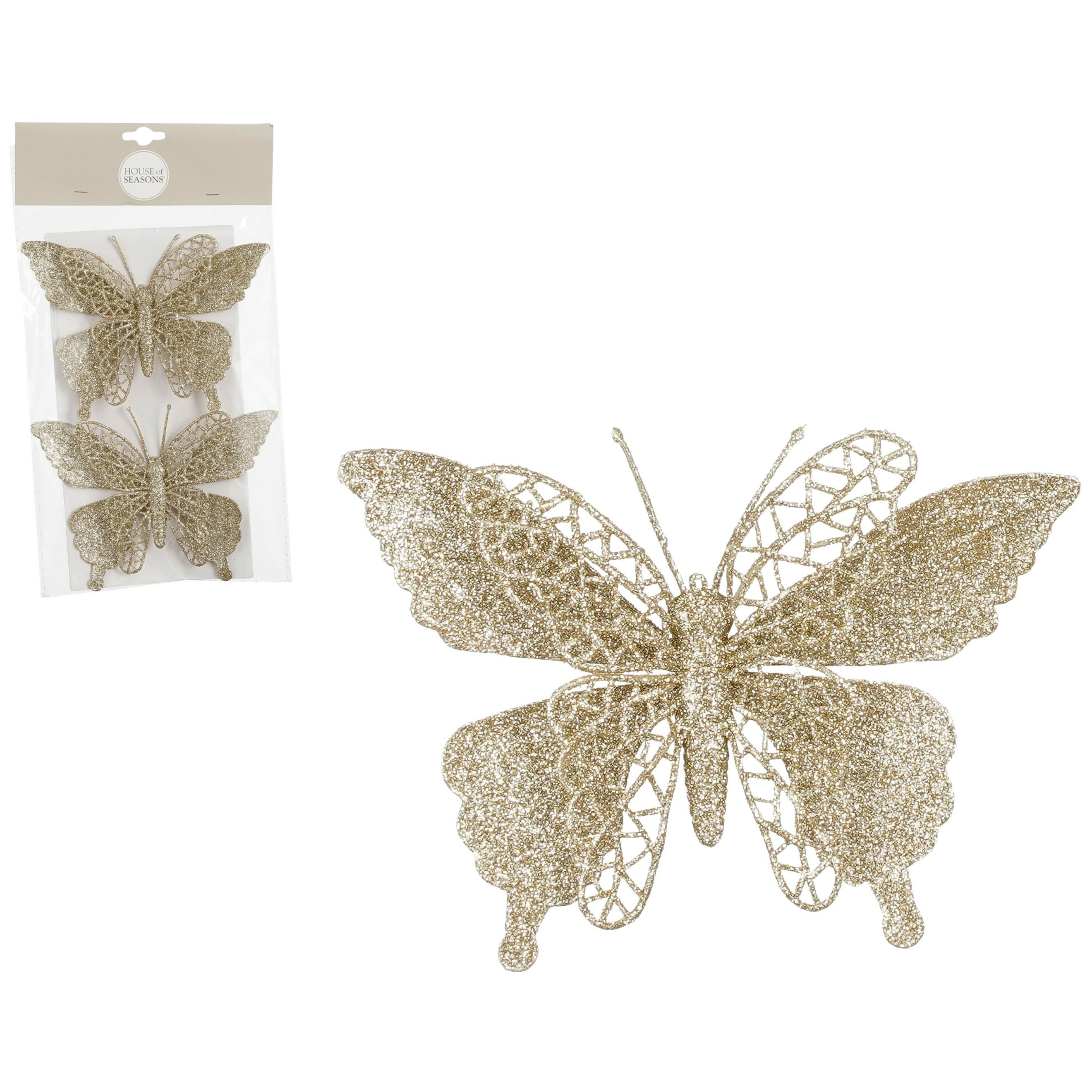 Decoratie vlinders op clip 2x stuks champagne 16 cm kunststof