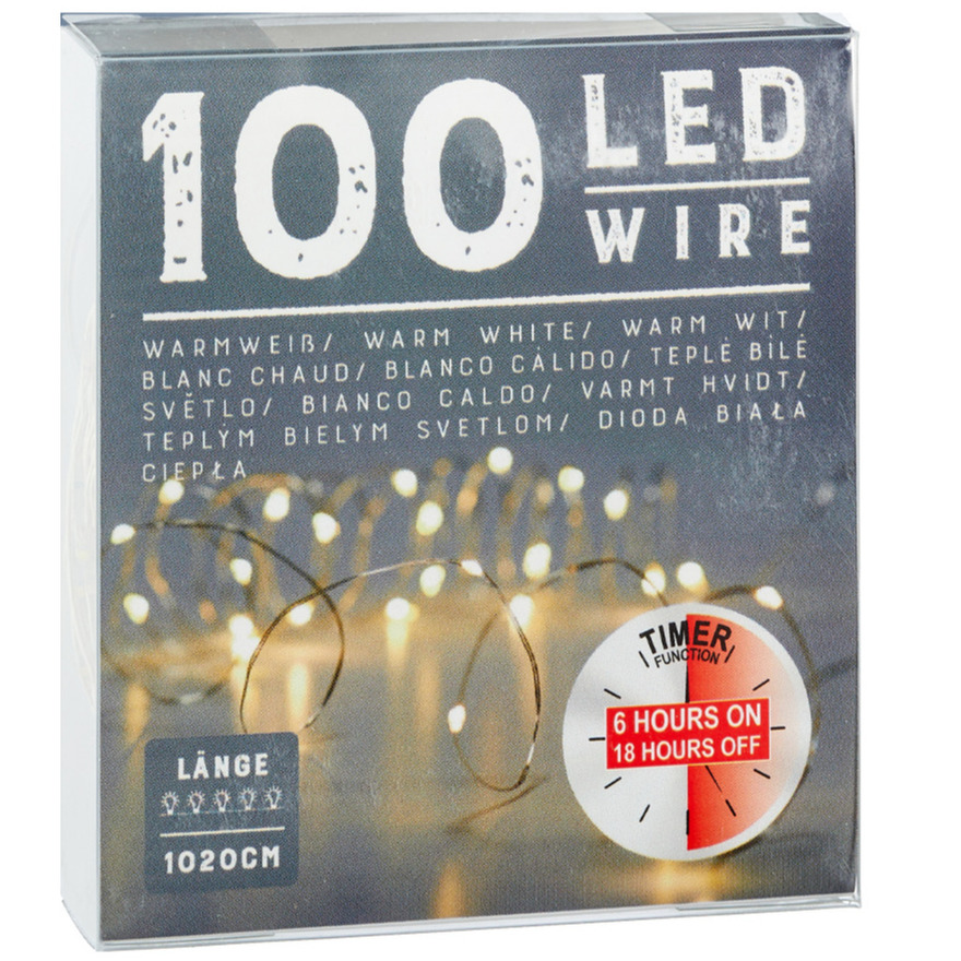Draadverlichting lichtsnoer met 100 lampjes warm wit op batterij 1 meter met timer