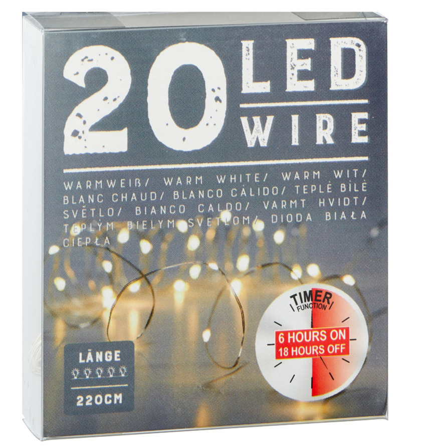 Draadverlichting lichtsnoer met 20 lampjes warm wit op batterij 220 cm met timer