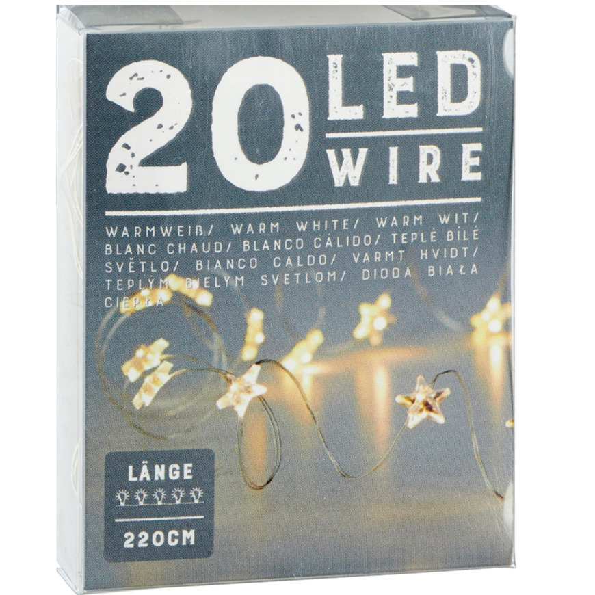 Draadverlichting lichtsnoer met 20 sterren lampjes warm wit op batterij 220 cm