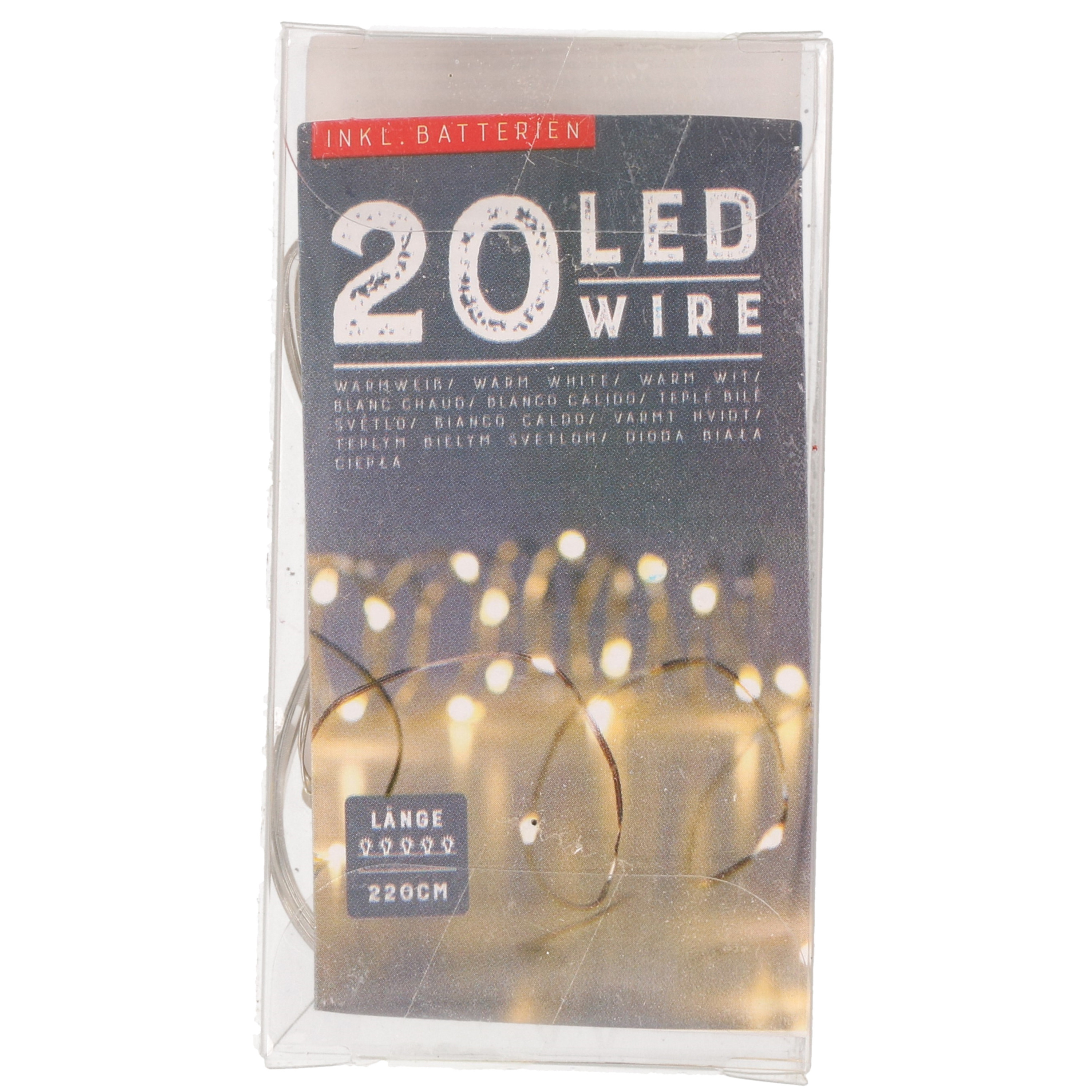 Draadverlichting zilver- 20 LED warm wit 220 cm kleine batterij houder