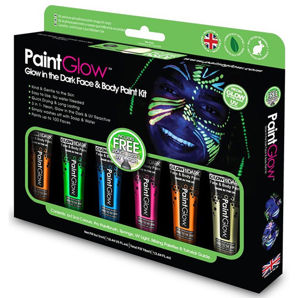 Face-Body paint set 6x13 ml neon-glow in the dark-black light schmink-make-up waterbasis