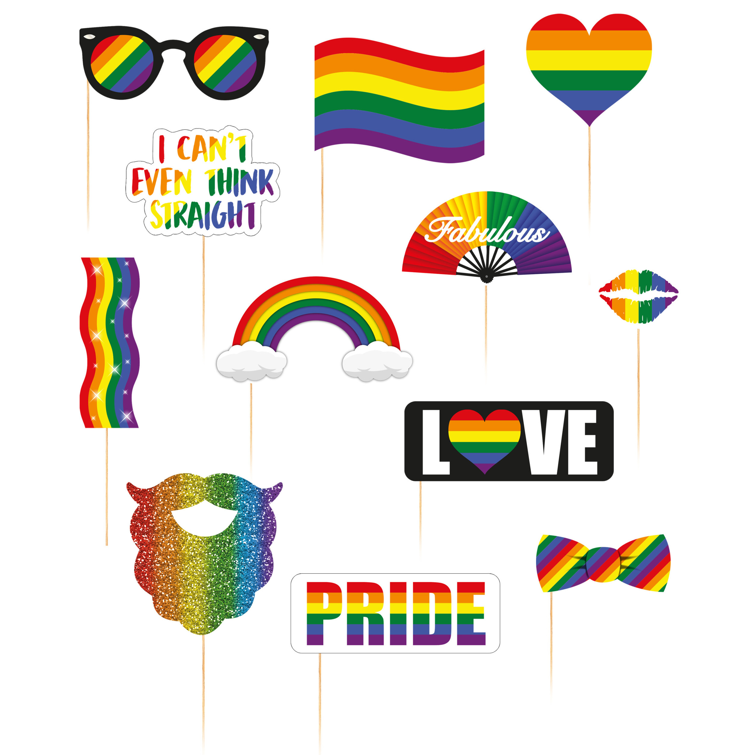 Foto prop set gay pride 12-delig regenboog-rainbow vlag LHBTI-LGBTQ photo booth accessoires