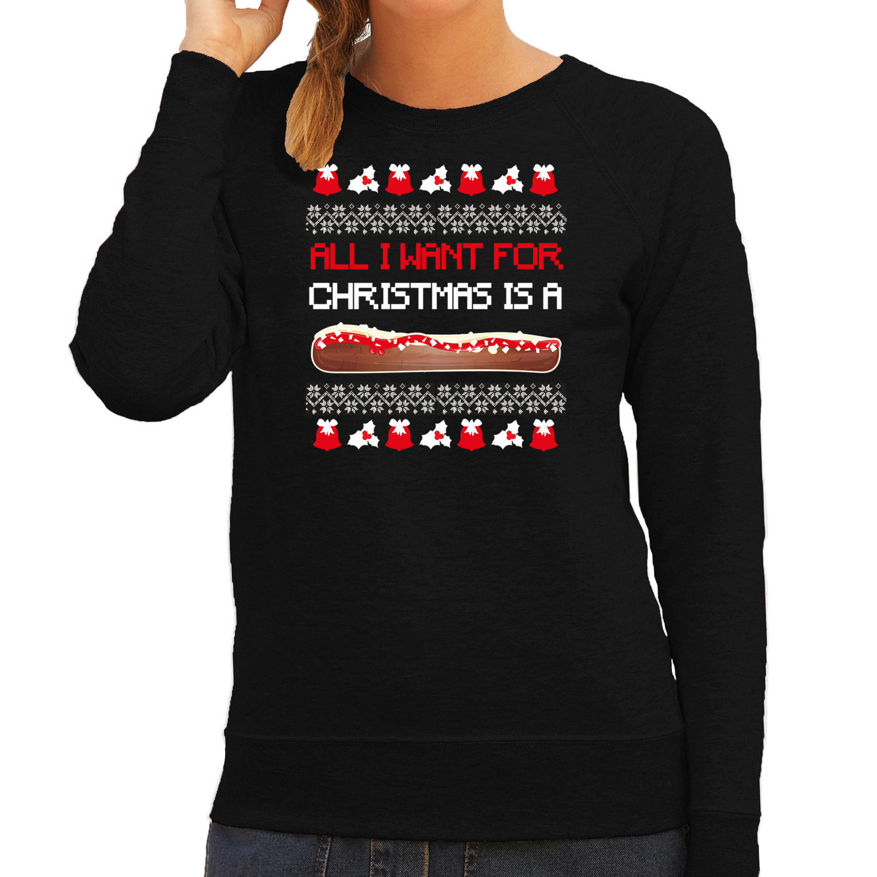 Foute Kersttrui-sweater voor dames Frikandel speciaal zwart Frituur snack