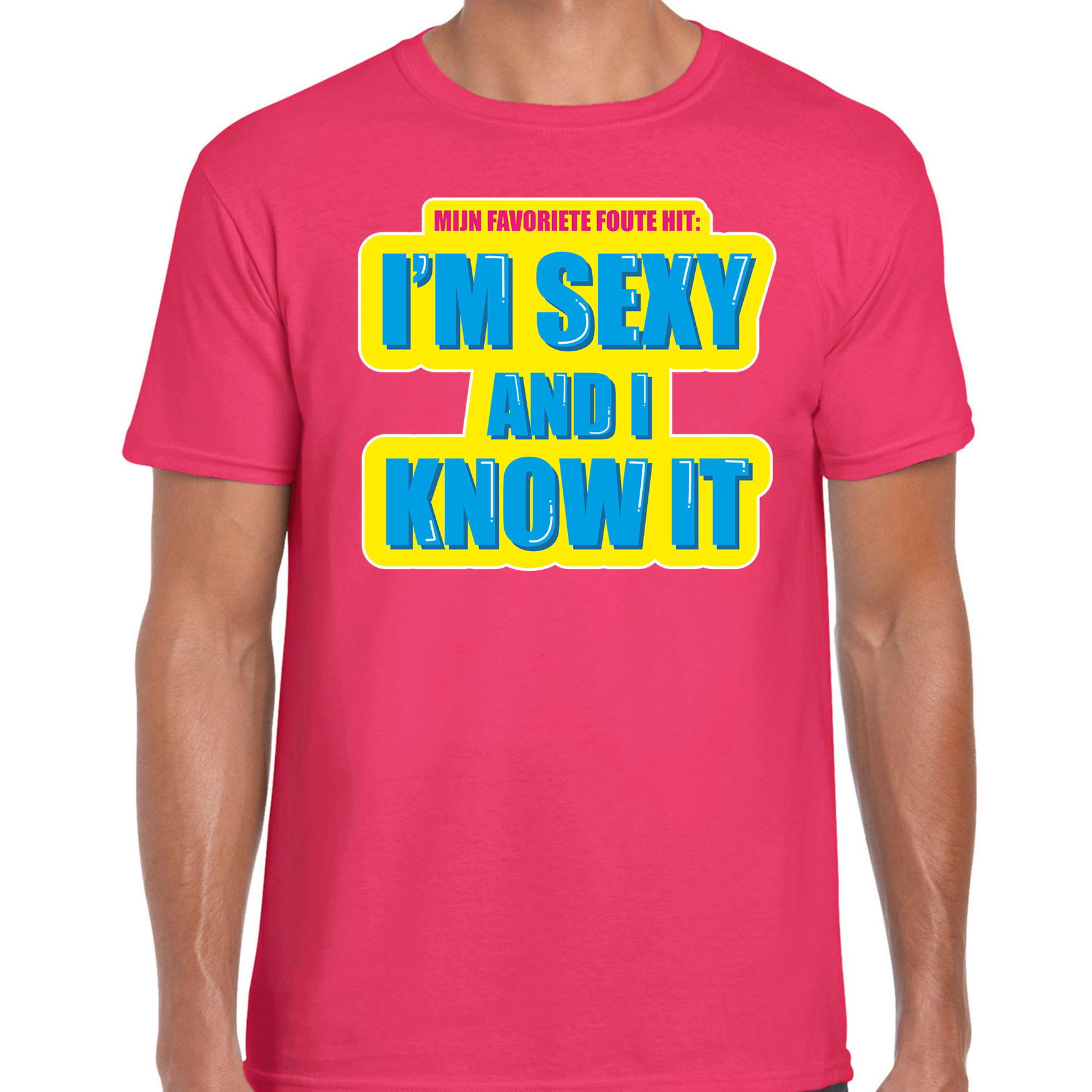 Foute party I m sexy and i know it verkleed t-shirt roze heren Foute party hits outfit- kleding