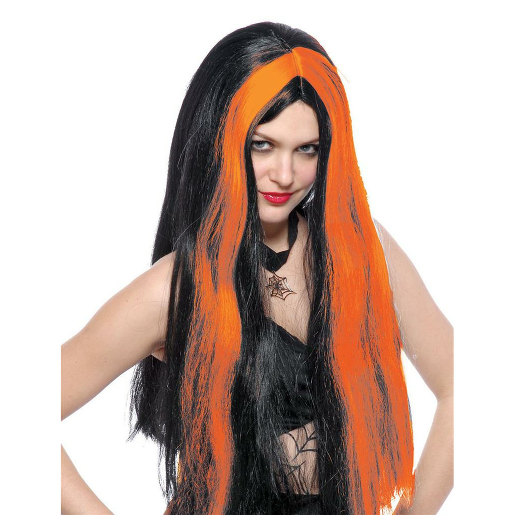 Funny Fashion Heksenpruik lang haar zwart-oranje dames Halloween