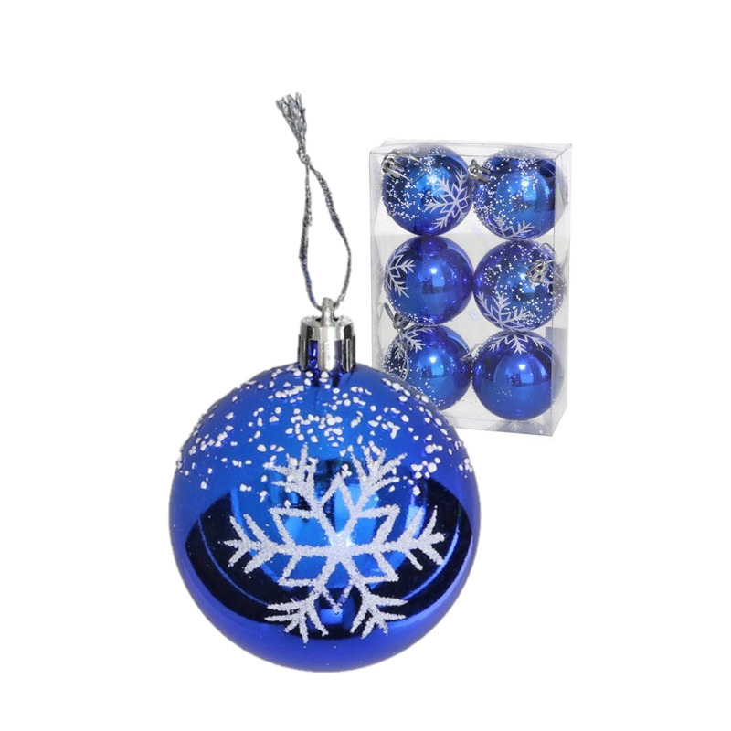 Gedecoreerde kerstballen 6x st 6 cm kunststof blauw sneeuwvlok