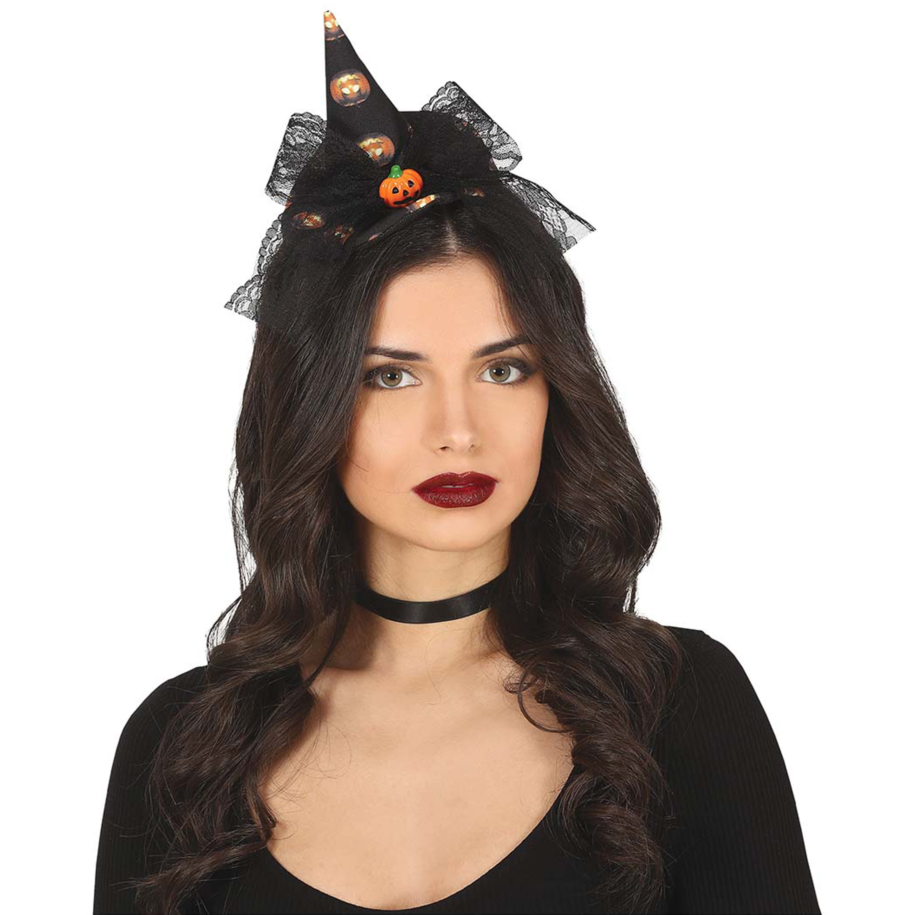 Halloween - Halloween heksenhoed - mini hoedje op diadeem - one size - zwart/oranje - meisjes/dames