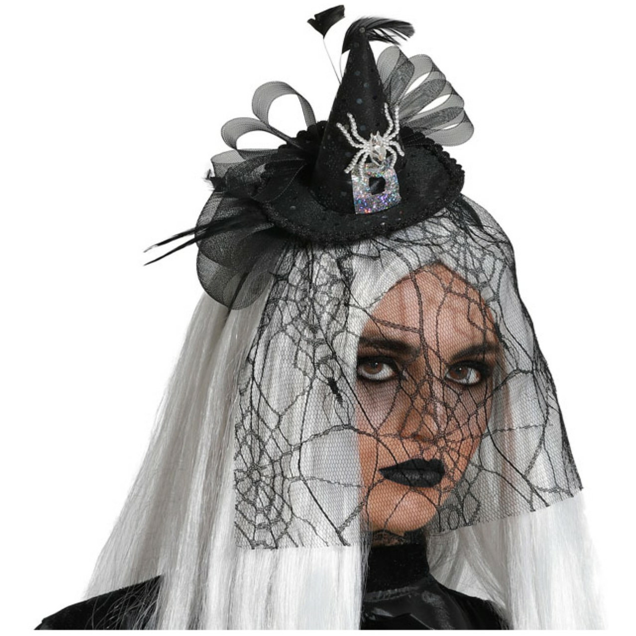 Halloween - Halloween heksenhoed - mini hoedje op diadeem - one size - zwart/zilver - meisjes/dames