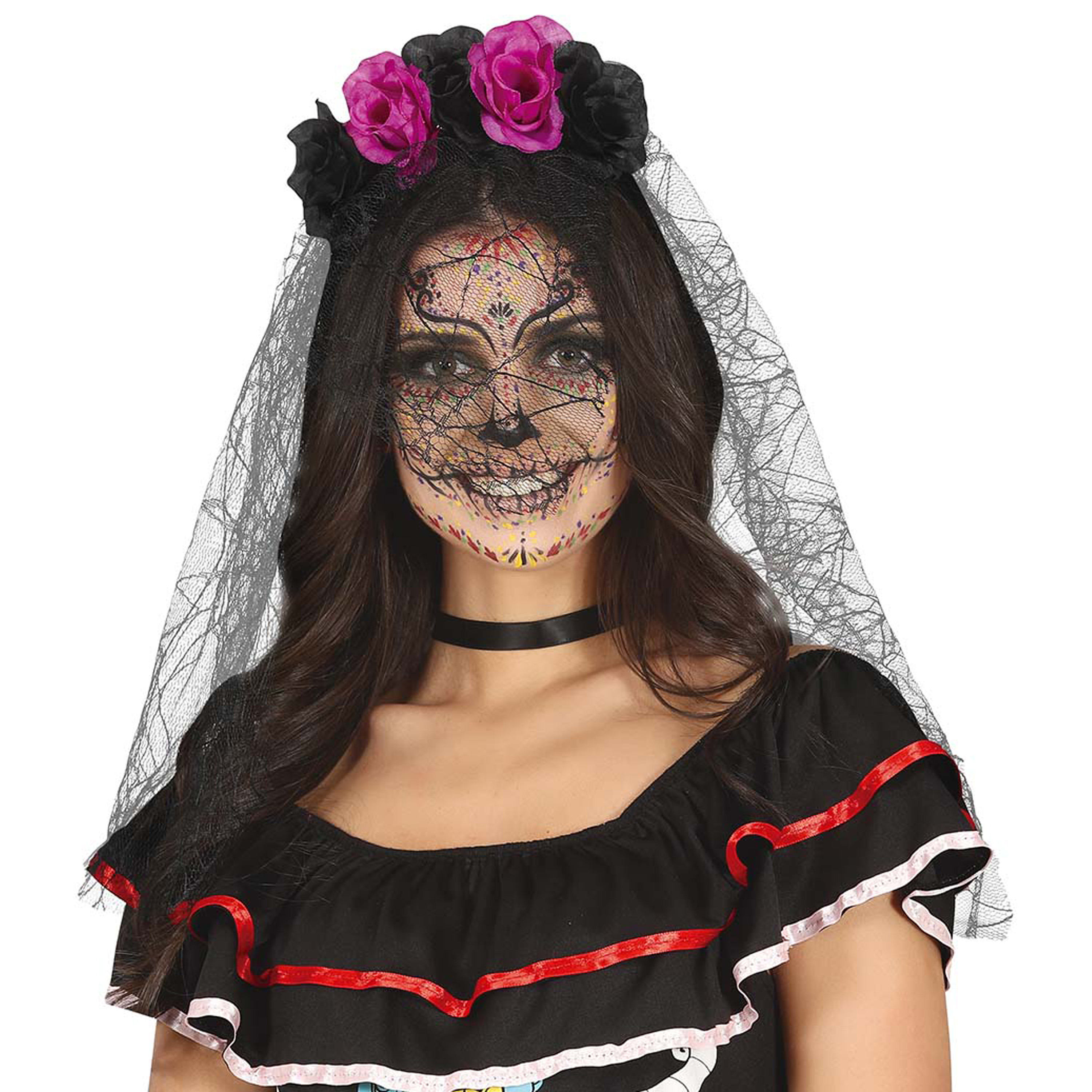 Halloween - Halloween thema diadeem met bloemen en sluier - one size - zwart/roze - meisjes/dames