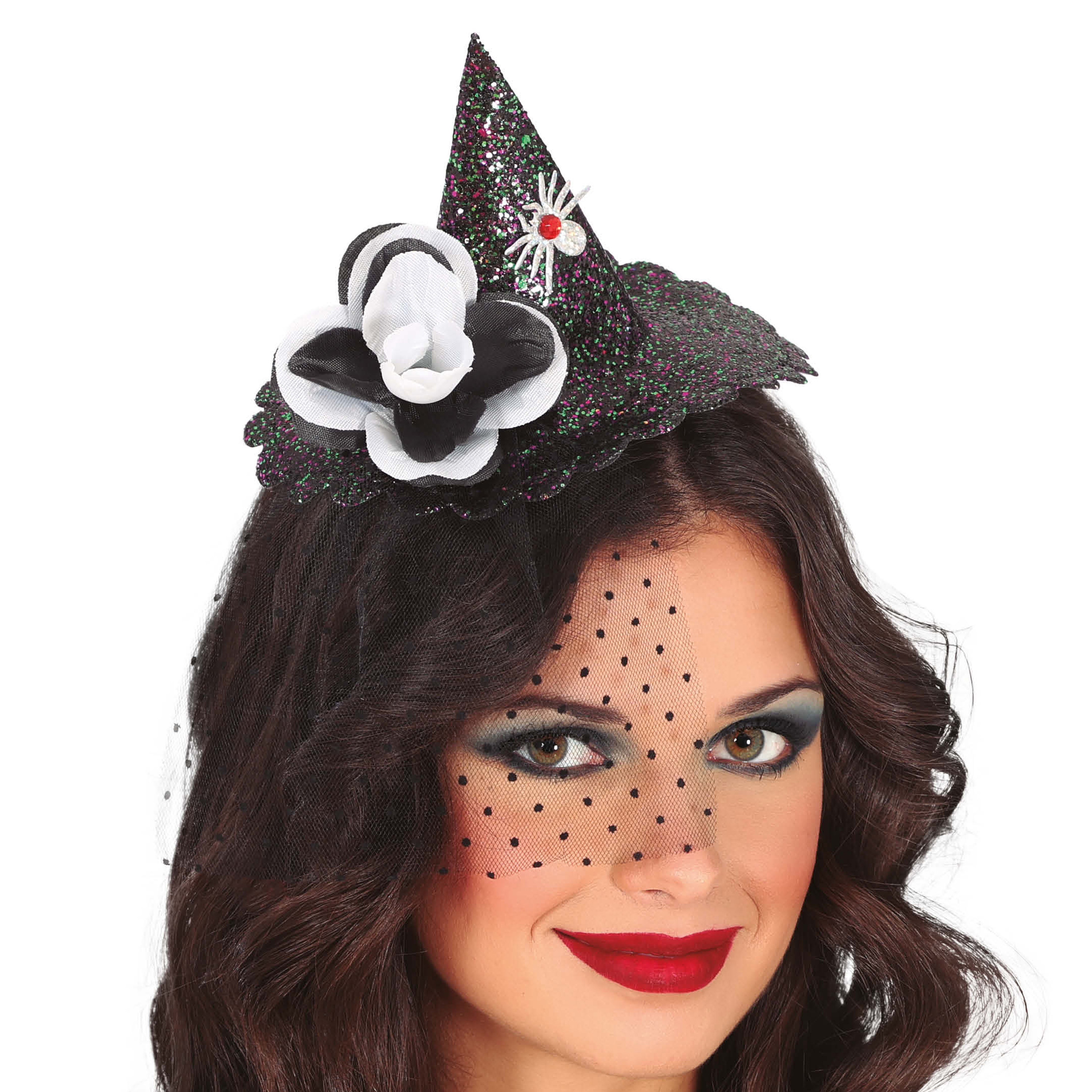 Halloween heksenhoed mini hoedje op diadeem one size zwart glitter meisjes-dames