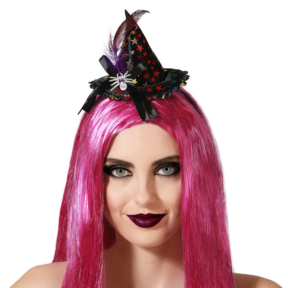 Halloween heksenhoed mini hoedje op diadeem one size zwarte sterren meisjes-dames