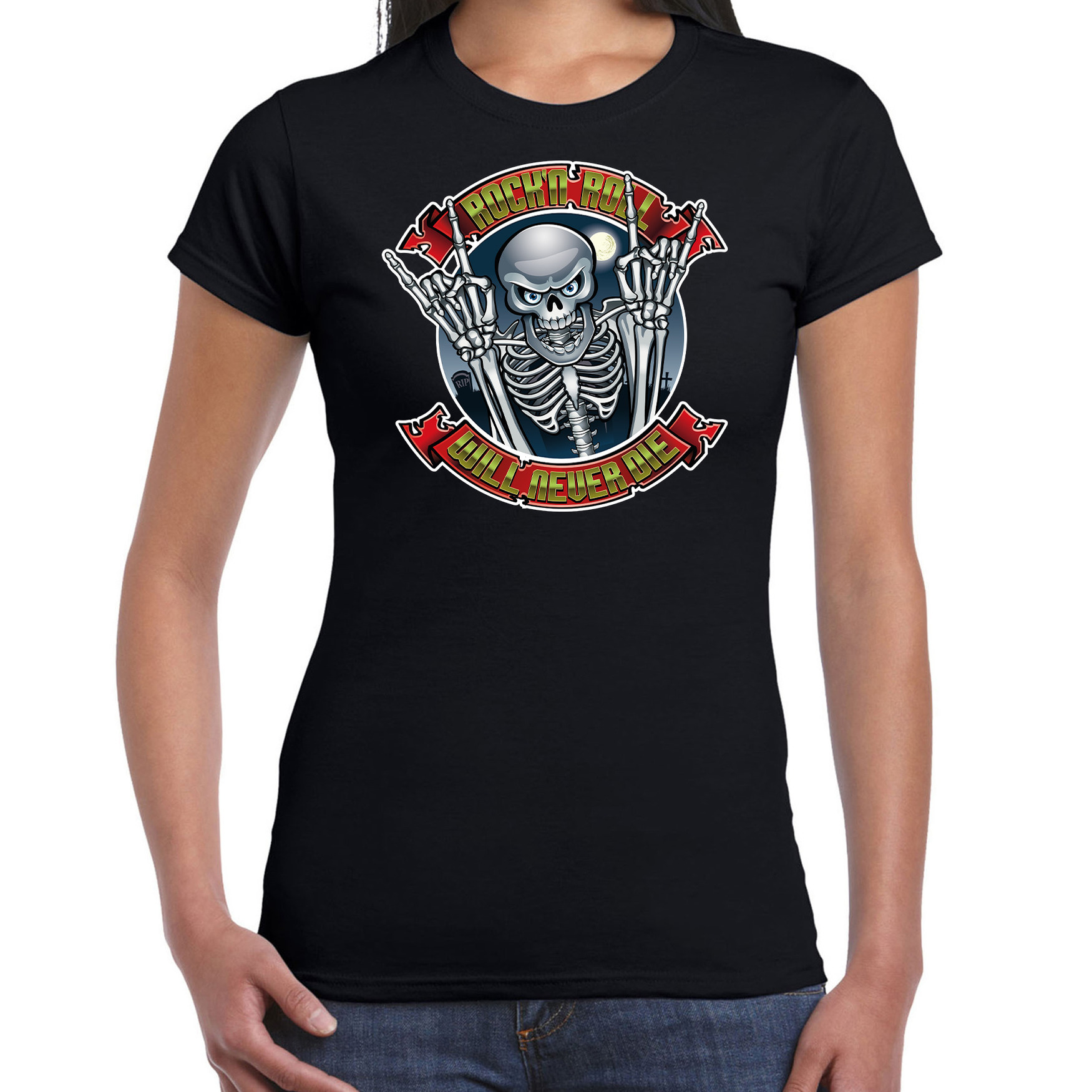 Halloween rock en roll skelet verkleed t-shirt zwart voor dames