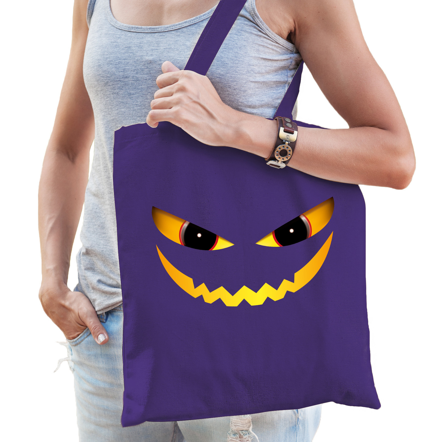 Halloween tas-shopper paars katoen 42 x 38 cm duivel gezicht