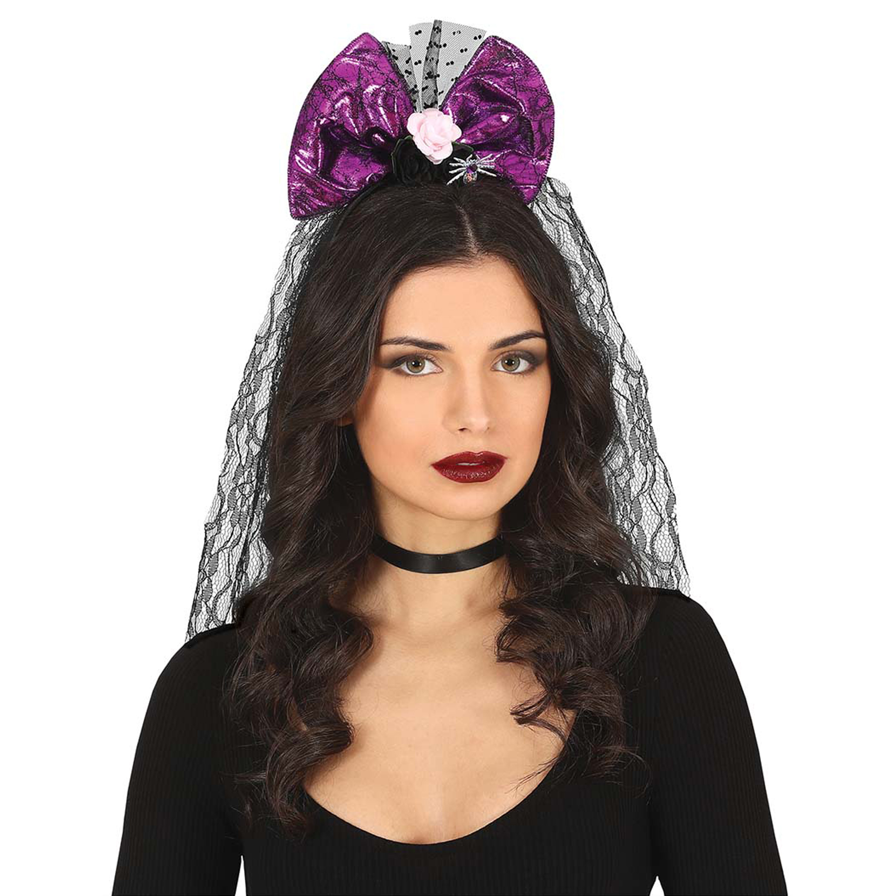 Halloween thema diadeem met strik en sluier one size zwart-paars meisjes-dames