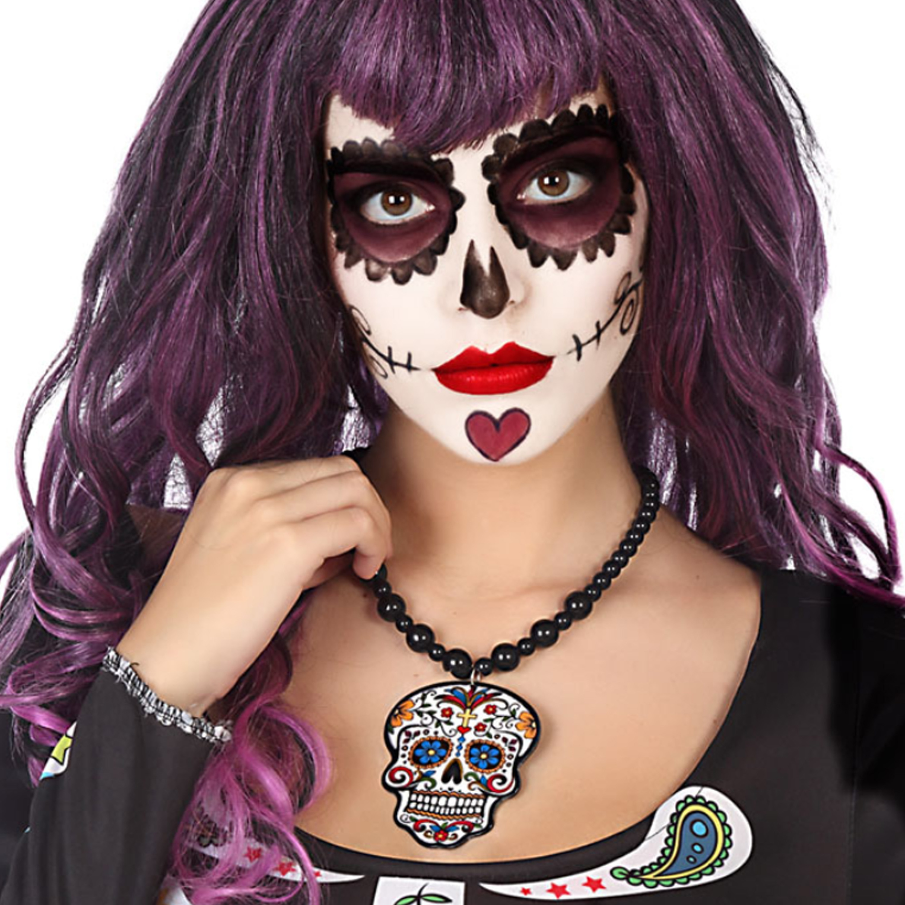 Halloween - Verkleed sieraden ketting met Skull - zwart/multi kleur - dames - kunststof - Day of the