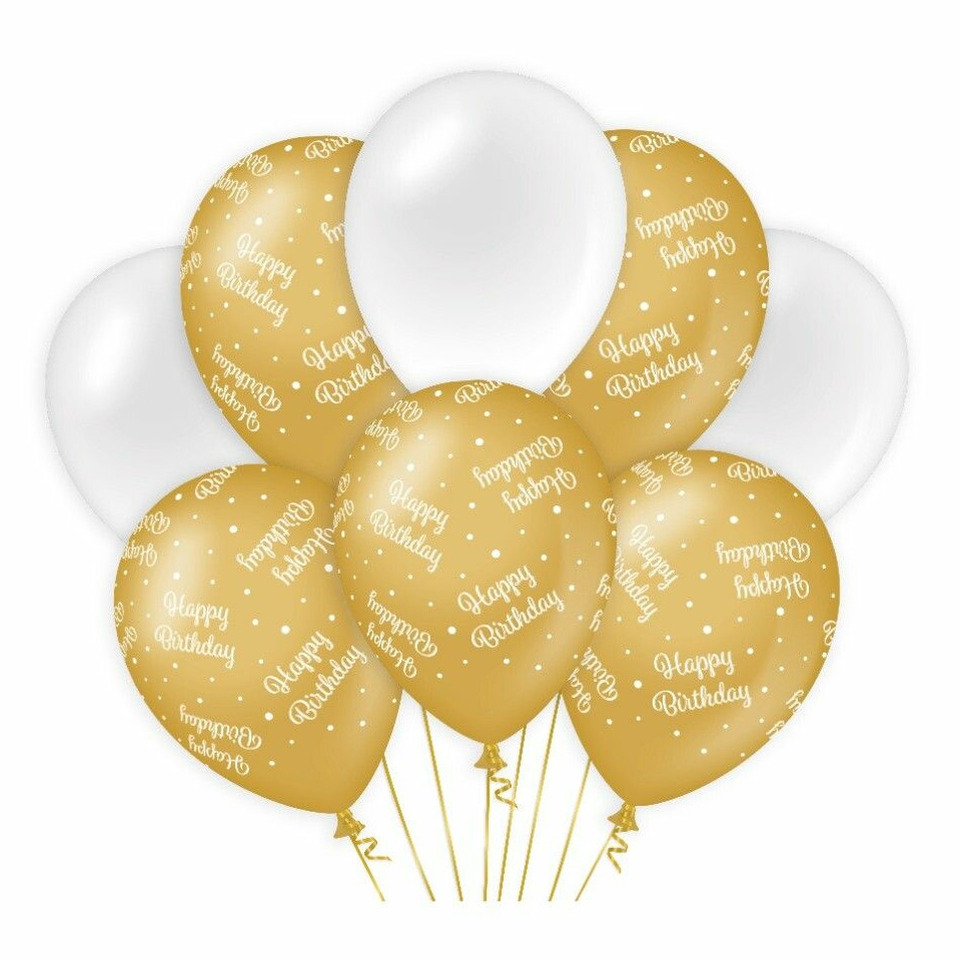 Happy Birthday thema Ballonnen - 8x - goud/wit - Verjaardag - Versiering/feestartikelen