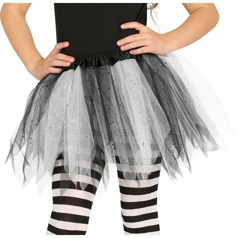 Heksen verkleed petticoat-tutu zwart-wit glitters voor meisjes