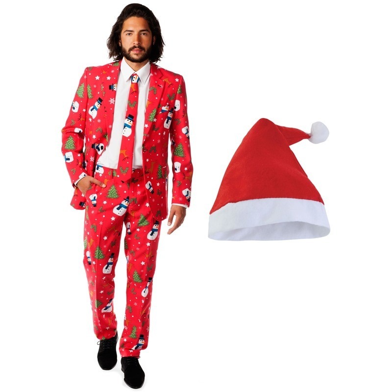 Heren Opposuits Kerst kostuum rood met kerstmuts maat 50 (L)