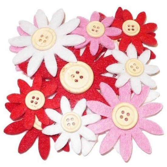 Hobby vilt 12 rood-wit-roze vilten bloemen met knoop 3,5-7 c