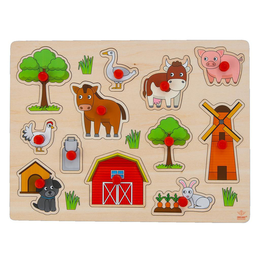 Houten knopjes-noppen speelgoed puzzel boerderij thema 30 x 22 cm