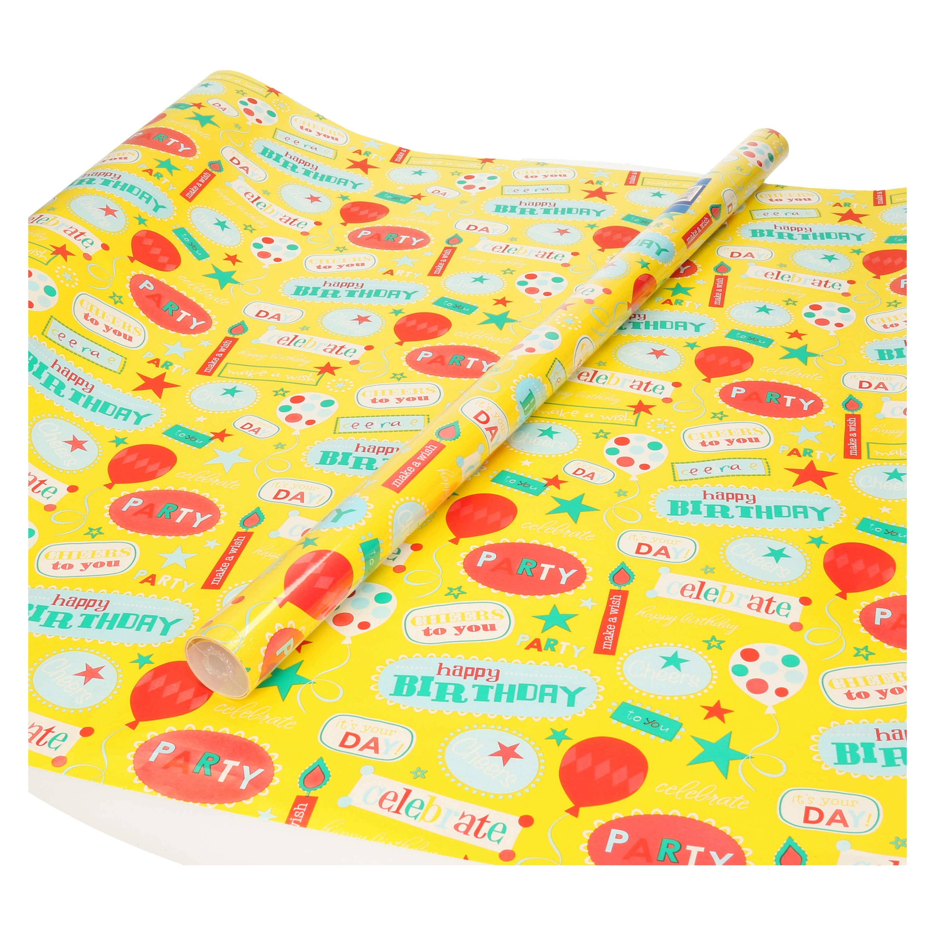 Inpakpapier-cadeaupapier geel Happy Birthday 200 x 70 cm