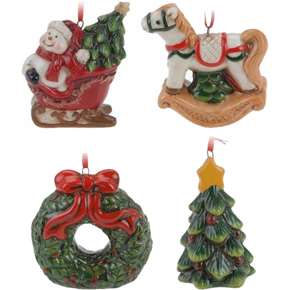 Keramiek kerstboom hangers setje van 4x stuks ornamenten-figuren 8 cm