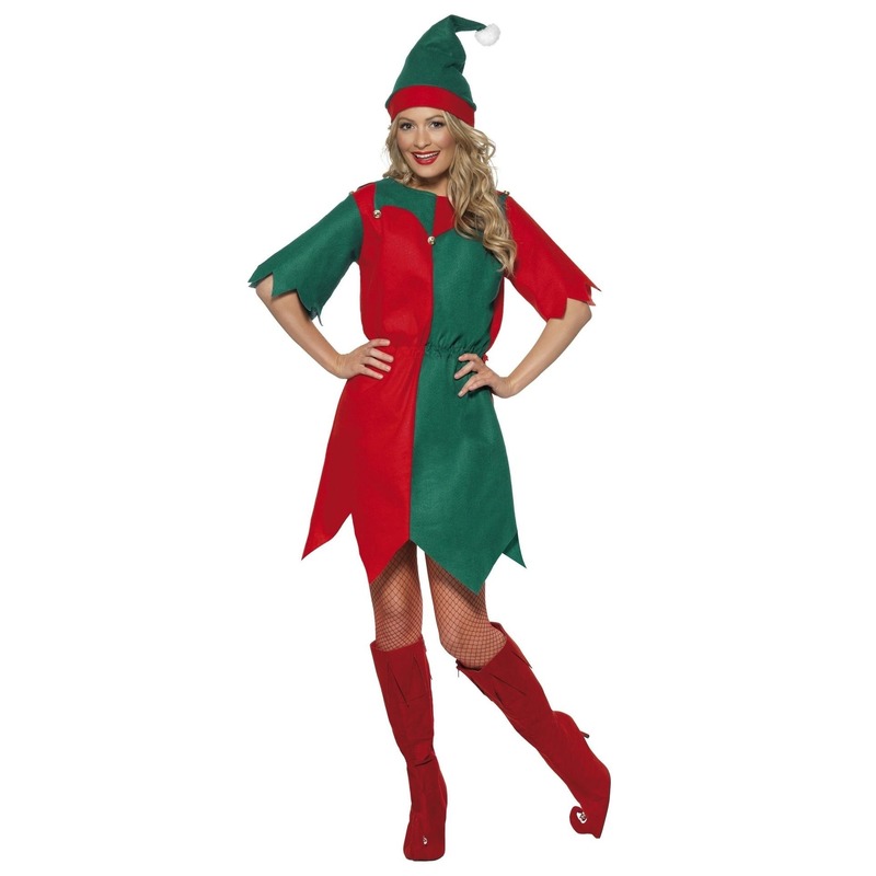 Kerst elf kostuum rood-groen voor dames