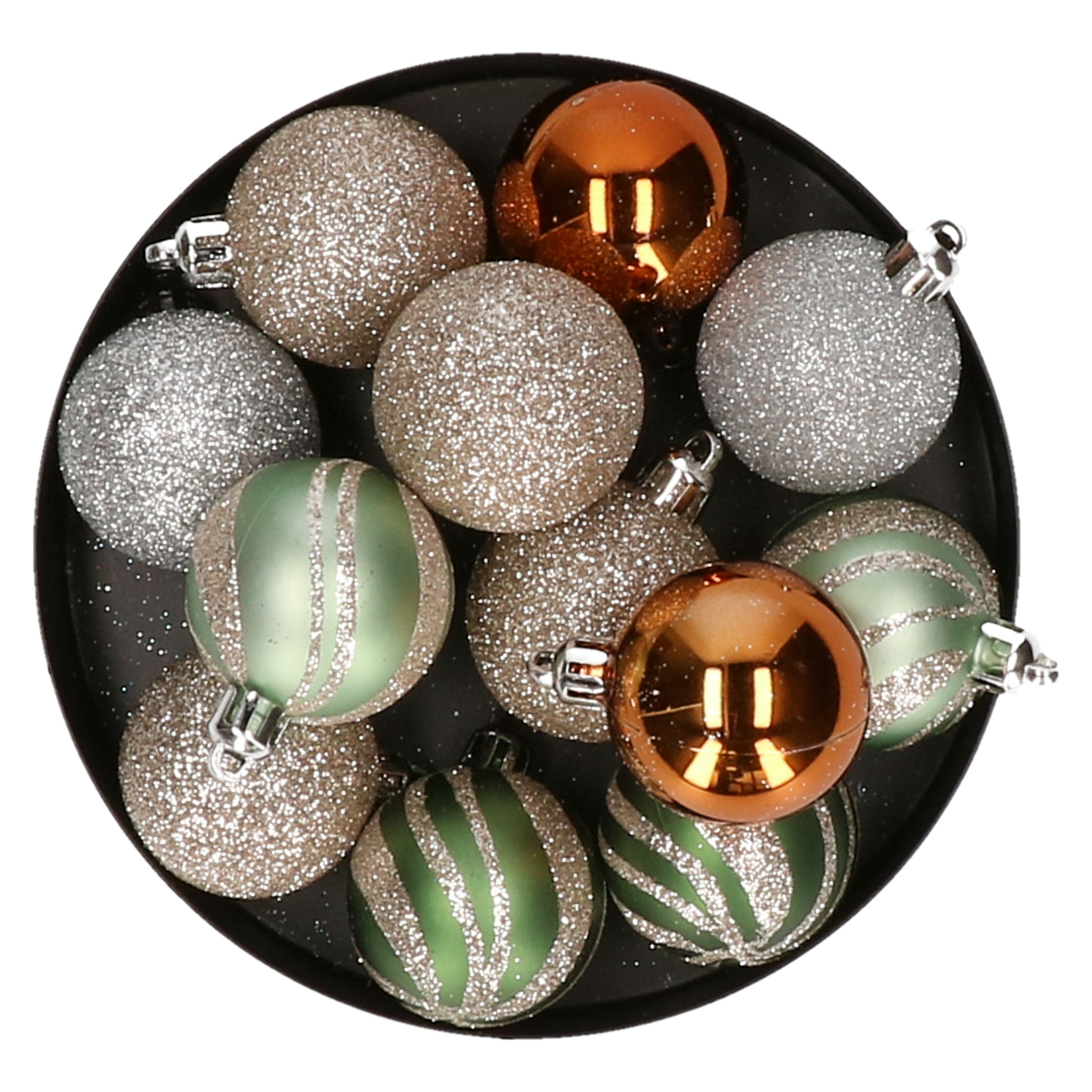 Kerstballen 12x stuks champagne-oker-lichtgroen 4 cm kunststof