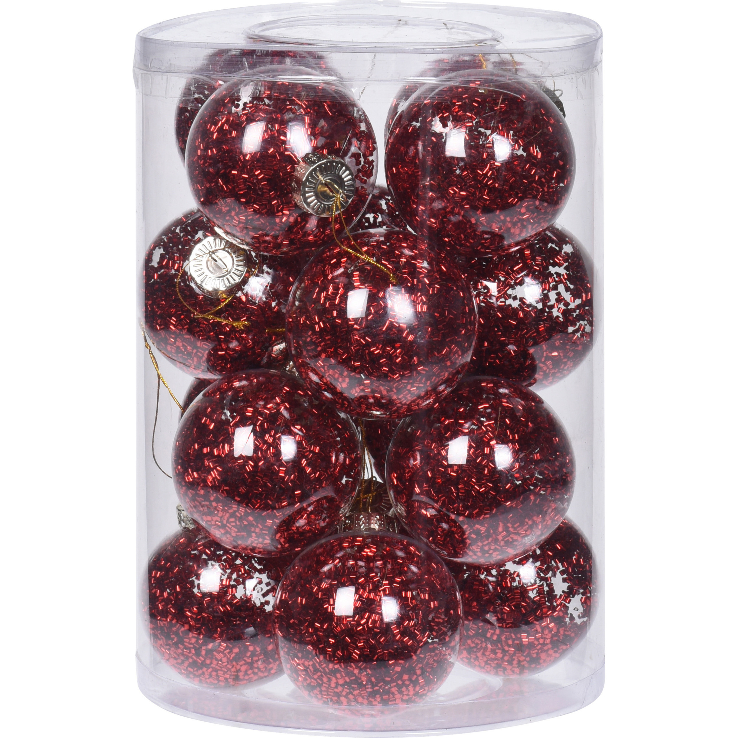 Kerstballen 16x st transparant met rood glitter 8 cm kunststof kerstversiering