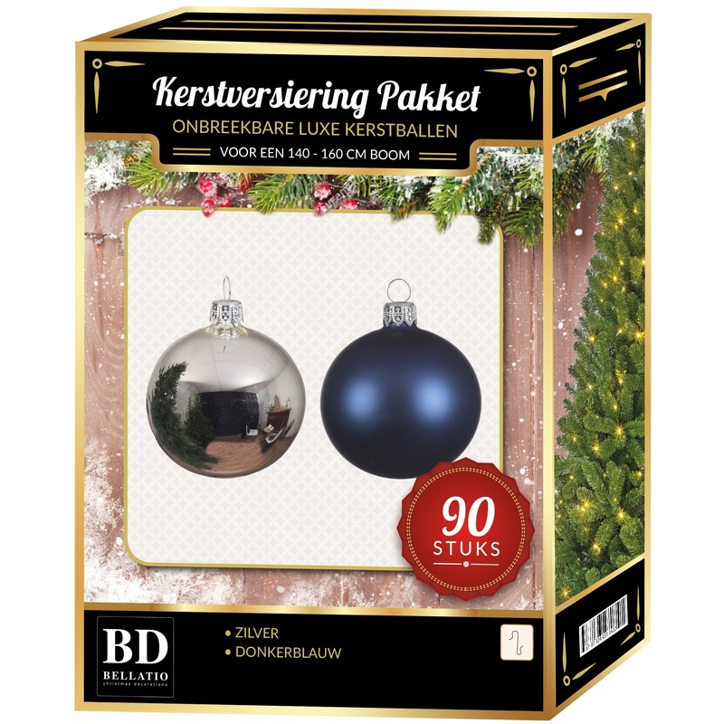 Kerstballen set kunststof 90-delig voor 150cm zilver-donkerblauw