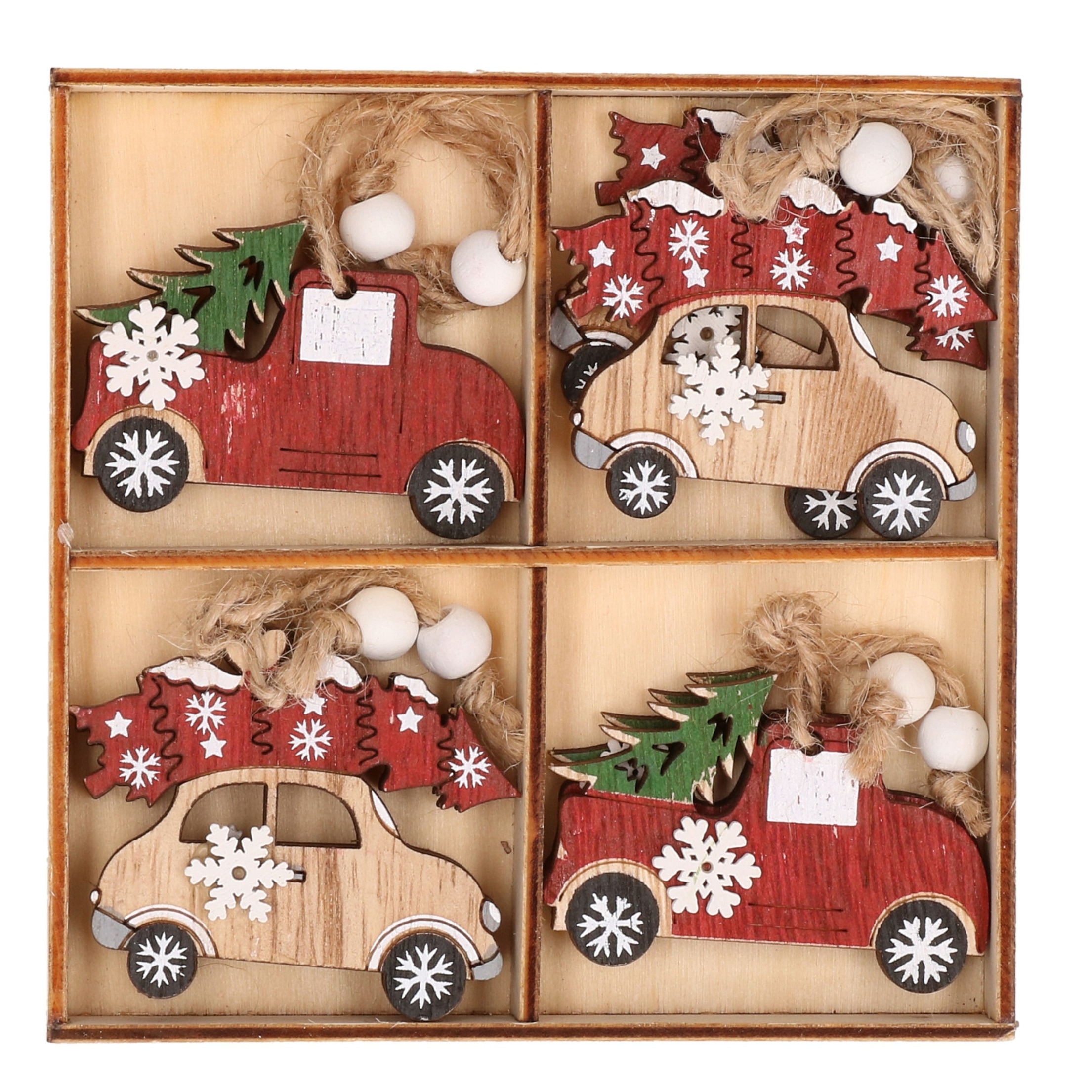 Kersthanger set van 8x houten auto hangers 6 x 5 cm kerstboomversiering