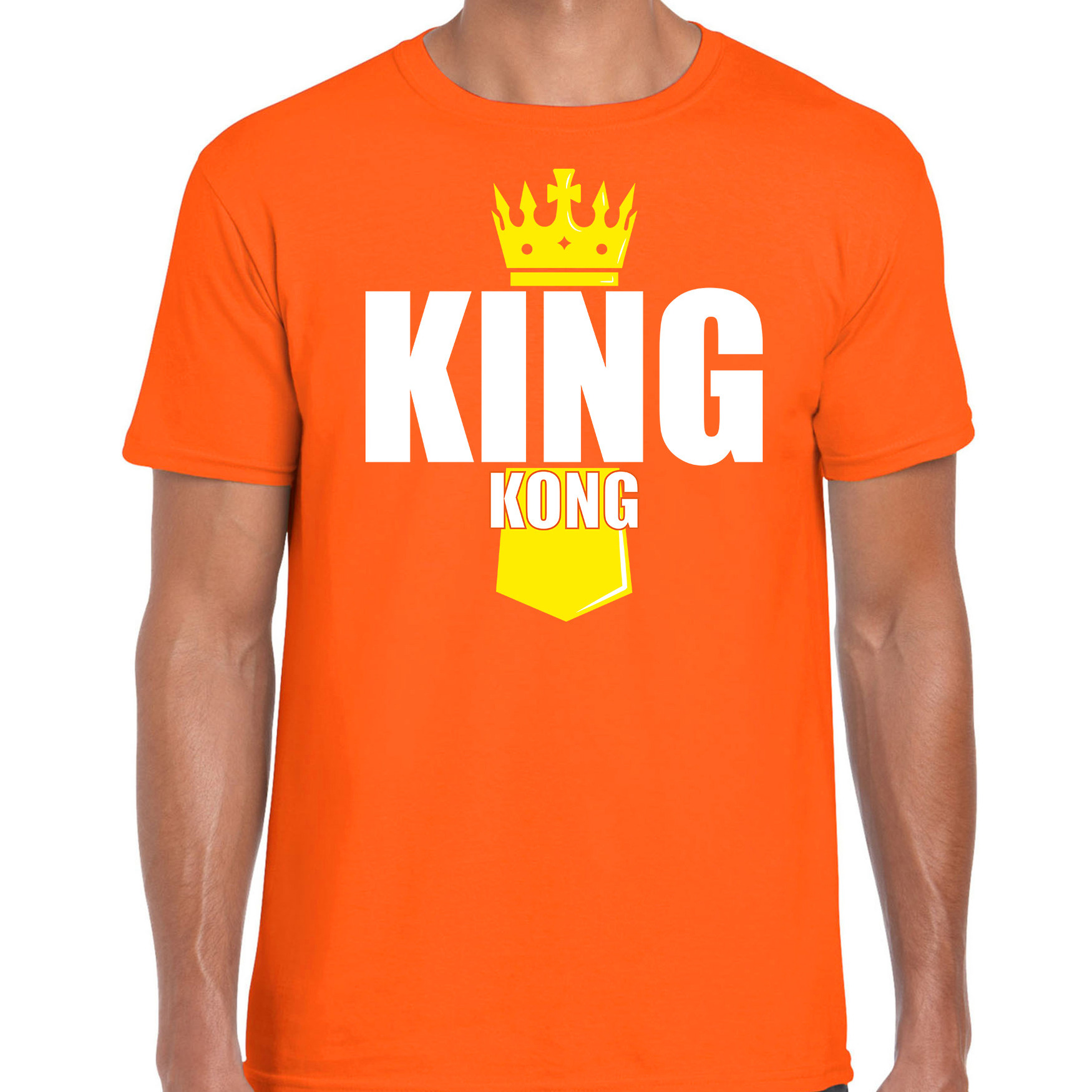 Koningsdag t-shirt King Kong met kroontje oranje voor heren