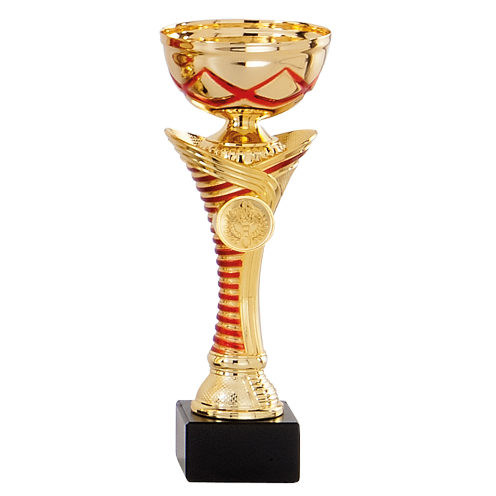 Luxe trofee-prijs beker goud rode lijnen kunststof 22 x 8 cm