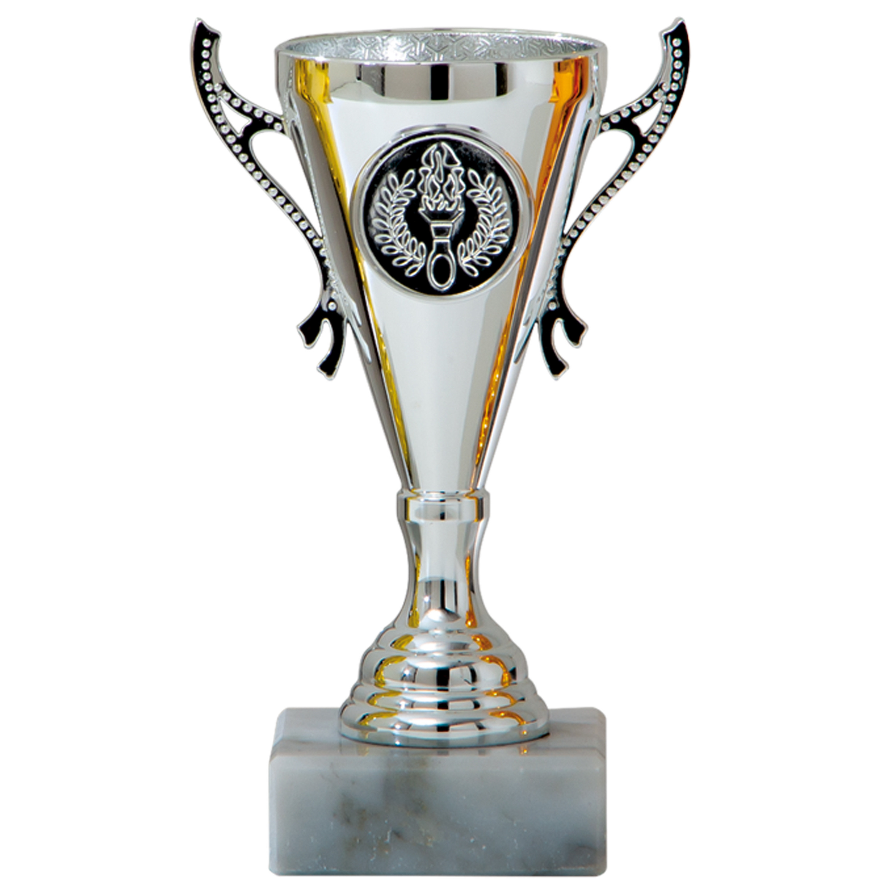 Luxe trofee-prijs beker met sierlijke oren zilver kunststof 13 x 8 cm