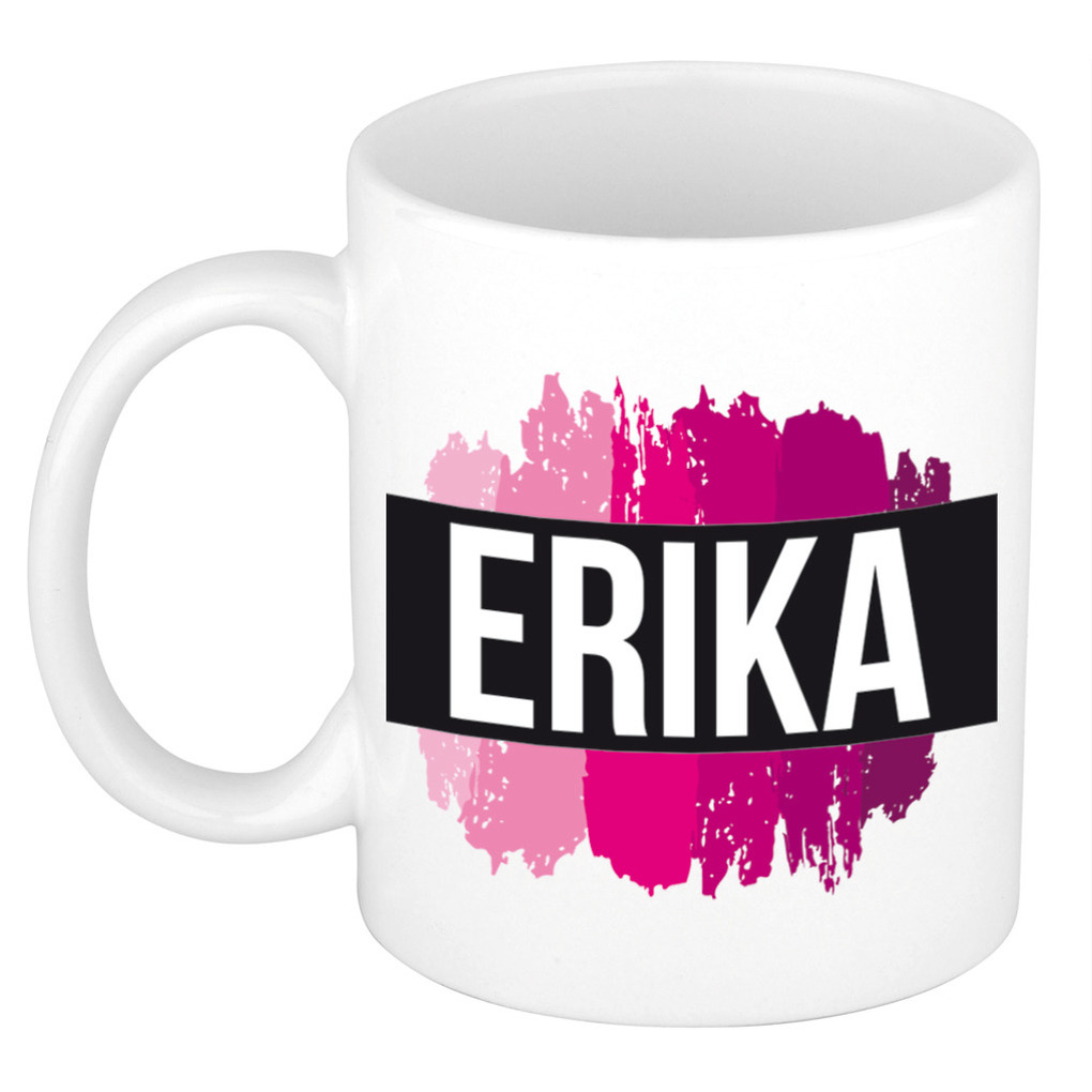 Naam cadeau mok-beker Erika met roze verfstrepen 300 ml