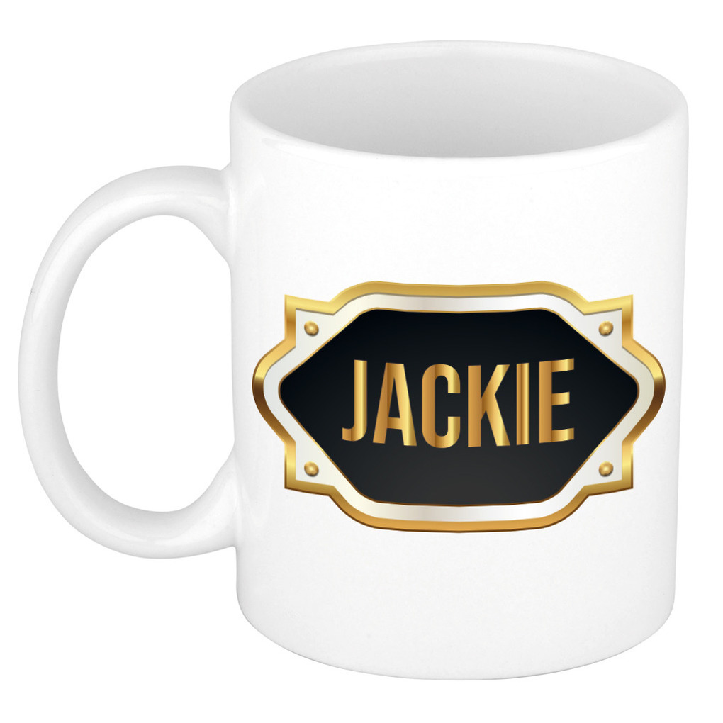 Naam cadeau mok-beker Jackie met gouden embleem 300 ml